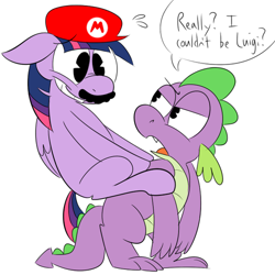 Size: 500x500 | Tagged: safe, artist:karpet-shark, derpibooru import, spike, twilight sparkle, twilight sparkle (alicorn), alicorn, dragon, pony, cap, female, hat, luigi, mare, mario's hat, moustache, nintendo, riding, super mario bros., twily-daily, yoshi