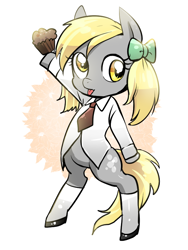 Size: 600x800 | Tagged: safe, artist:quizia, derpy hooves, pony, :p, bipedal, clothes, muffin, necktie, simple background, solo, white background