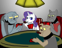 Size: 800x613 | Tagged: safe, artist:tx2, fido, rarity, rover, spot, diamond dog, pony, unicorn, bipedal, card, chair, cigar, dexterous hooves, fine art parody, light, pipe, playing card, poker, sitting, smoking, table