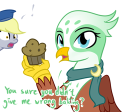 Size: 1135x1015 | Tagged: safe, artist:puetsua, derpy hooves, greta, griffon, pegasus, pony, the lost treasure of griffonstone, dialogue, engrish, female, mare, muffin, simple background, white background