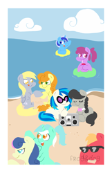 Size: 750x1159 | Tagged: safe, artist:coggler, artist:frog&cog, berry punch, berryshine, big macintosh, bon bon, carrot top, derpy hooves, dj pon-3, golden harvest, lyra heartstrings, minuette, octavia melody, sweetie drops, vinyl scratch, earth pony, pegasus, pony, unicorn, :t, adorabon, alternate hairstyle, beach, berrybetes, bowtie, cloud, cute, cutie top, derpabetes, drink, drinking, eyes closed, female, floating, floaty, glasses, hoof hold, juice box, lesbian, licking lips, lineless, looking at you, lyrabetes, lyrabon, macabetes, male, mare, minubetes, open mouth, prone, radio, sandcastle, scratchtavia, shipping, signature, sitting, smiling, smiling at you, stallion, sunglasses, tavibetes, tongue out, vinyl, vinylbetes, wall of tags, water