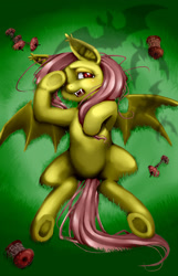 Size: 1145x1783 | Tagged: safe, artist:hobilo, fluttershy, bat pony, pony, vampire fruit bat, bats!, apple, fangs, flutterbat, grass, on back, pixiv, race swap, shadow, silhouette, solo