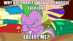 Size: 1280x720 | Tagged: safe, rarity, spike, dragon, pony, unicorn, crying, drama, eyes closed, image macro, imma snuggle you, meme, snuggling