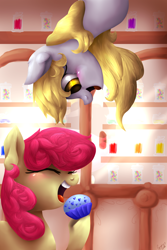 Size: 1600x2400 | Tagged: safe, artist:sparkingcomet, apple bloom, derpy hooves, pegasus, pony, eyes closed, female, mare, muffin