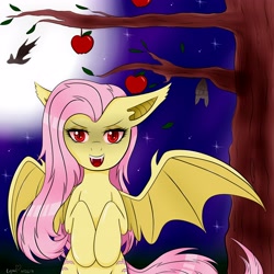 Size: 4150x4150 | Tagged: safe, artist:nekoangel0214, fluttershy, bat, bat pony, pony, bats!, absurd resolution, apple, flutterbat, flying, hanging, looking at you, moon, night, race swap, solo, stars, tree, upside down