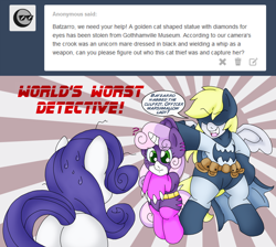 Size: 2550x2287 | Tagged: safe, artist:blackbewhite2k7, derpy hooves, rarity, sweetie belle, pegasus, pony, unicorn, ask, batman, batzarro, catgirl, catwoman, crossover, female, kitrina falcone, mare, plot, tumblr