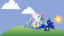 Size: 1600x900 | Tagged: safe, artist:lifetimebrony, princess celestia, princess luna, alicorn, pony, hill, sun, vector, wallpaper