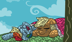 Size: 1458x856 | Tagged: safe, artist:threetwotwo32232, derpibooru import, applejack, rainbow dash, earth pony, pegasus, pony, 30 minute art challenge, appledash, dappled sunlight, female, lesbian, mare, shipping, sleeping