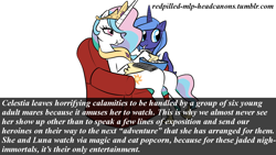 Size: 1280x720 | Tagged: safe, princess celestia, princess luna, alicorn, pony, headcanon, popcorn, redpilled-mlp-headcanons, remote, s1 luna, trollestia