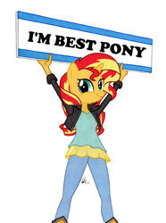 Size: 950x1278 | Tagged: safe, artist:manly man, edit, sunset shimmer, anthro, equestria girls, best pony, exploitable meme, faic, female, meme, narcissism, reverse satyr, sign, simple background, smiling, smirk, smug, solo, sunset's board, twiface, white background, wrong neighborhood