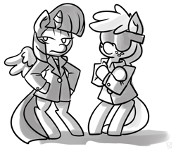 Size: 968x828 | Tagged: safe, artist:fauxsquared, applejack, twilight sparkle, twilight sparkle (alicorn), alicorn, earth pony, pony, bipedal, clothes, female, grayscale, mare, monochrome, suit, sunglasses