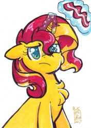 Size: 736x1040 | Tagged: safe, artist:leafbunny, sunset shimmer, pony, unicorn, annoyed, bacon, chest fluff, cute, ear fluff, female, floppy ears, food, glowing horn, horn, levitation, looking at you, magic, mare, meat, shimmerbetes, solo, telekinesis, traditional art