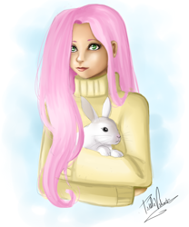 Size: 750x900 | Tagged: safe, artist:nasuki100, angel bunny, fluttershy, human, clothes, humanized, light skin, sweater, sweatershy