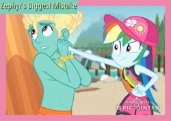 Size: 1024x720 | Tagged: safe, derpibooru import, edit, edited screencap, screencap, rainbow dash, zephyr breeze, better together, blue crushed, equestria girls, beach, clothes, fimfiction, geode of super speed, magical geodes, partial nudity, rainbow dash is not amused, topless, unamused