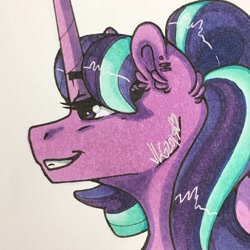 Size: 1280x1280 | Tagged: safe, artist:nightmare-moons-throneroom, starlight glimmer, pony, unicorn, ear fluff, ear piercing, earring, female, jewelry, mare, piercing, sidemouth, simple background, smiling, solo, white background