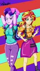 Size: 1836x3264 | Tagged: safe, artist:warriorg04, starlight glimmer, sunset shimmer, better together, equestria girls, beanie, boots, clothes, hat, jacket, leather jacket, looking at you, midriff, pants, peace sign, shoes, skirt, vest