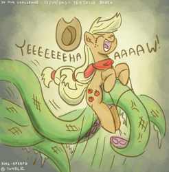 Size: 983x1000 | Tagged: safe, artist:king-kakapo, applejack, earth pony, pony, 30 minute art challenge, fanfic, fanfic art, monster, riding, rodeo, tentacles