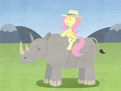 Size: 800x600 | Tagged: safe, artist:elslowmo, fluttershy, pegasus, pony, rhinoceros, three's a crowd, animal, clothes, explorer outfit, riding, solo