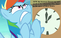 Size: 1024x640 | Tagged: safe, derpibooru import, edit, edited screencap, screencap, rainbow dash, pegasus, pony, grannies gone wild, angry, clock, cropped, rainbow dash is best facemaker, tfw