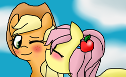 Size: 1280x788 | Tagged: safe, artist:sunniedoodles, applejack, fluttershy, earth pony, pegasus, pony, appleshy, blushing, female, hairclip, kissing, lesbian, shipping