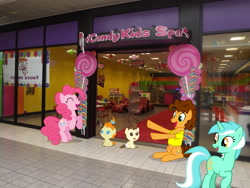 Size: 4288x3216 | Tagged: safe, artist:manemanera, cheese sandwich, lyra heartstrings, pinkie pie, pound cake, pumpkin cake, irl, mall, photo, ponies in real life