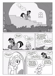 Size: 1668x2308 | Tagged: safe, artist:crydius, angel bunny, applejack, spike, twilight sparkle, dragon, earth pony, pony, book, comic, monochrome