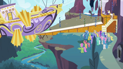 Size: 1280x720 | Tagged: safe, screencap, amethyst star, cloud kicker, derpy hooves, dizzy twister, lemon hearts, lightning bolt, lyra heartstrings, merry may, minuette, orange swirl, pokey pierce, prince blueblood, rarity, sea swirl, seafoam, sparkler, twinkleshine, white lightning, pegasus, pony, unicorn, sweet and elite, airship, background pony, background pony audience, blimp, crowd, female, lavender spirit, male, mare, stallion