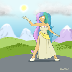 Size: 1000x1000 | Tagged: safe, artist:empyu, princess celestia, human, humanized, raising the sun, solo