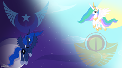 Size: 1100x619 | Tagged: safe, artist:srmario, princess celestia, princess luna, alicorn, pony, civil war, equestrian civil war, happy face, lunar republic, moon, solar empire, sun, sun vs moon, wallpaper, war