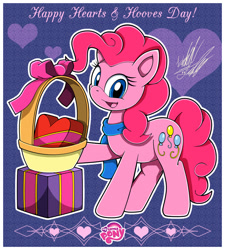 Size: 1080x1200 | Tagged: safe, artist:fuzon-s, pinkie pie, earth pony, pony, basket, bow, clothes, happy, heart, hearts and hooves day, logo, present, scarf, smiling, solo, sonic channel, style emulation, valentine, valentine's day, yuji uekawa style