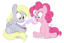 Size: 990x660 | Tagged: safe, artist:dm29, derpy hooves, pinkie pie, pegasus, pony, cupcake, duo, female, frosting, frosting gun, mare, muffin, simple background, transparent background