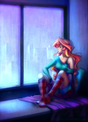 Size: 720x1000 | Tagged: safe, artist:limreiart, sunset shimmer, fanfic:long road to friendship, equestria girls, bed, clothes, fanfic, fanfic art, human coloration, rain, socks, solo, striped socks