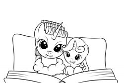 Size: 1500x1000 | Tagged: safe, artist:kloudmutt, rarity, sweetie belle, pony, unicorn, book, hair curlers, monochrome, reading, sisters