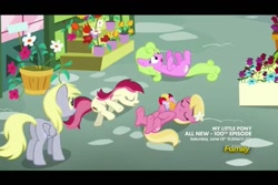 Size: 960x640 | Tagged: safe, screencap, daisy, derpy hooves, flower wishes, lily, lily valley, roseluck, pegasus, pony, slice of life (episode), bouquet, female, flower trio, mare, playing dead, rose, the horror