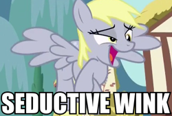 Size: 427x289 | Tagged: safe, edit, edited screencap, screencap, derpy hooves, pegasus, pony, slice of life (episode), caption, cropped, crossed hooves, faic, female, house, image macro, mare, meme, open mouth, reaction image, seductive, seductive wink, solo, spread wings, wink