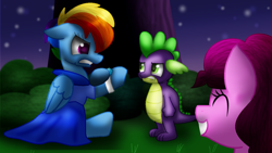 Size: 1024x576 | Tagged: safe, artist:lupiarts, derpibooru import, pinkie pie, rainbow dash, spike, dragon, earth pony, pegasus, pony, female, male, mare