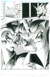 Size: 900x1391 | Tagged: safe, artist:andypriceart, idw, princess celestia, princess luna, alicorn, pony, spoiler:comic, spoiler:comic19, angry, evil celestia, evil luna, evil sisters, flying, grayscale, growling, lidded eyes, monochrome, open mouth, spread wings, wings