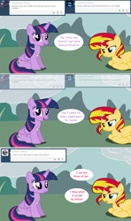 Size: 1280x2168 | Tagged: safe, artist:hakunohamikage, sunset shimmer, twilight sparkle, twilight sparkle (alicorn), alicorn, pony, ask, ask-princesssparkle, bandage, prone, tumblr, vector