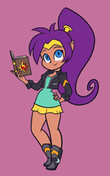 Size: 1257x2000 | Tagged: safe, artist:khuzang, sunset shimmer, equestria girls, book, boots, clothes, clothes swap, cute, dress, genie, looking at you, shantae, shantae (character), shoes, simple background, smiling, solo