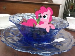 Size: 2592x1944 | Tagged: safe, artist:patec, artist:tokkazutara1164, pinkie pie, bowl, cute, dresser, grapes, irl, leaning, photo, ponies in real life, price tag, raised eyebrow, saucer, smirk, solo, teacup, vector