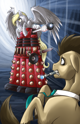 Size: 792x1224 | Tagged: safe, artist:sky-railroad, derpy hooves, doctor whooves, alien, cyborg, pony, dalek, doctor who, floppy ears, hoers, male, mouth hold, mutant, rearing, sonic screwdriver, spread wings, stallion, supreme dalek