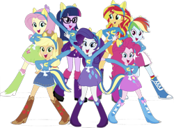 Size: 1621x1189 | Tagged: safe, derpibooru import, editor:php77, applejack, fluttershy, pinkie pie, rainbow dash, rarity, sci-twi, sunset shimmer, twilight sparkle, twilight sparkle (alicorn), alicorn, human, equestria girls, clothes, female, humane five, humane seven, humane six, simple background, transparent background, wondercolt ears, wondercolts, wondercolts uniform