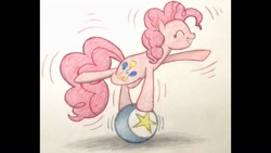 Size: 1191x670 | Tagged: safe, artist:thefriendlyelephant, pinkie pie, earth pony, pony, balancing, ball, happy, smiling, solo, traditional art, wobbling