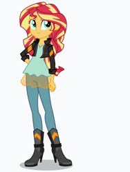 Size: 1536x2048 | Tagged: safe, artist:limedazzle, sunset shimmer, equestria girls, boots, clothes, female, hand on hip, high heel boots, jacket, leather jacket, shoes, simple background, solo, vector, white background