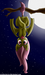 Size: 3000x5000 | Tagged: safe, artist:erockertorres, fluttershy, bat pony, pony, bats!, apple, flutterbat, hanging, moon, night, race swap, solo, stars, tree, upside down