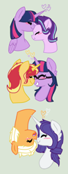 Size: 984x2520 | Tagged: safe, artist:huskylaua, applejack, rarity, sci-twi, starlight glimmer, sunset shimmer, twilight sparkle, twilight sparkle (alicorn), alicorn, earth pony, pony, unicorn, blushing, boop, bust, eyes closed, female, kissing, lesbian, noseboop, rarijack, scitwishimmer, shipping, simple background, sunsetsparkle, twistarlight