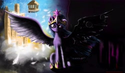 Size: 5702x3351 | Tagged: safe, artist:fearyzy, derpibooru import, twilight sparkle, twilight sparkle (alicorn), alicorn, changeling, changeling queen, pony, big crown thingy, changelingified, corrupted, corrupted twilight sparkle, female, jewelry, mare, queen twilight, regalia, solo, split screen, tyrant sparkle