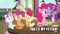 Size: 1280x720 | Tagged: safe, screencap, apple bloom, berry punch, berryshine, goldengrape, minuette, pinkie pie, scootaloo, sir colton vines iii, sweetie belle, earth pony, pony, twilight time, caption, cutie mark crusaders, hay burger, that is my fetish