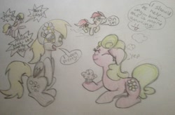 Size: 2340x1536 | Tagged: artist needed, safe, daisy, derpy hooves, flower wishes, lily, lily valley, roseluck, pegasus, pony, slice of life (episode), alternate scenario, derisy, female, flower, flower trio, mare, muffin, rush, traditional art