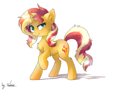 Size: 1707x1280 | Tagged: safe, artist:kaliner123, sunset shimmer, pony, unicorn, chest fluff, ear fluff, female, mare, simple background, smiling, solo, white background